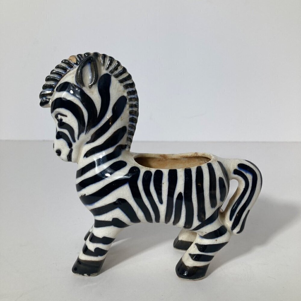 Vintage MCM Porcelain Zebra Planter Made in Japan Black & White 5 x 6" Flaw